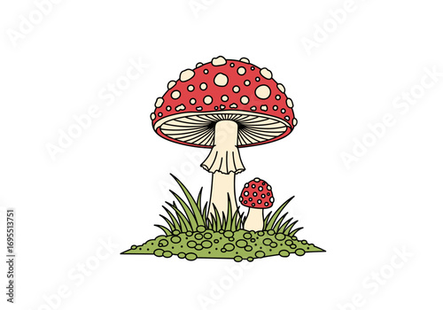Enchanting forest floor illustration featuring two vibrant red amanita mushrooms growing amongst lush green grass and tiny bubbles