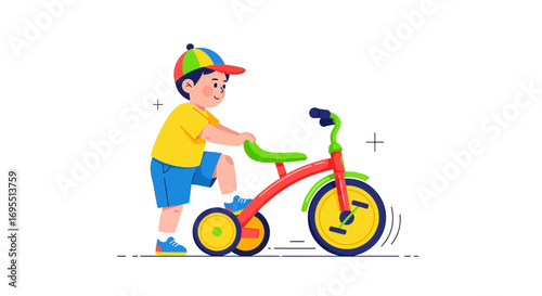 A happy child learning to ride a colorful tricycle on a white background