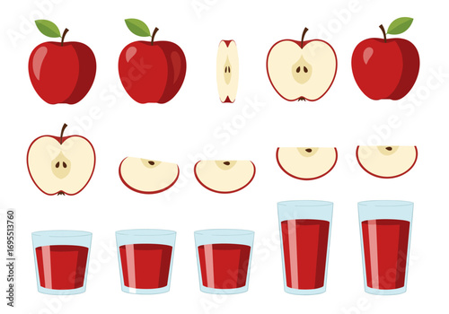 Whole red apples cut in half slices and glasses full of red juice health food concept