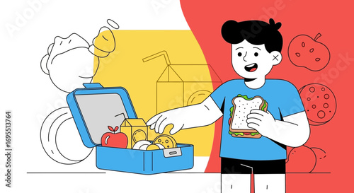 A happy child enjoying lunch with a sandwich inside the lunch box during the lunchtime