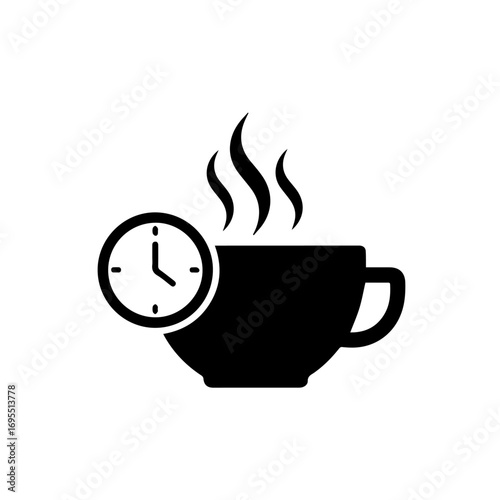 A steaming cup of coffee or tea with a clock icon, symbolizing break time or a morning beverage