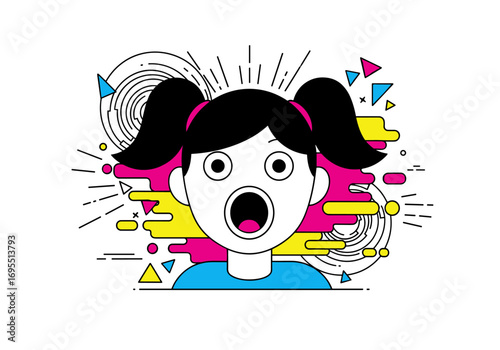 Shocked girl expressing surprise with wide eyes and open mouth surrounded by abstract shapes and colors