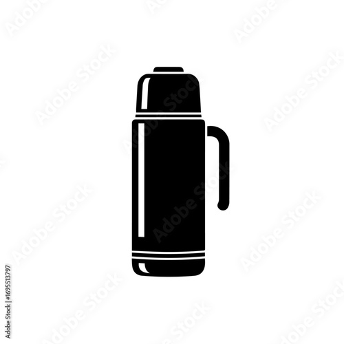 Black silhouette of a thermal flask with a handle and a cap, perfect for keeping beverages hot or cold