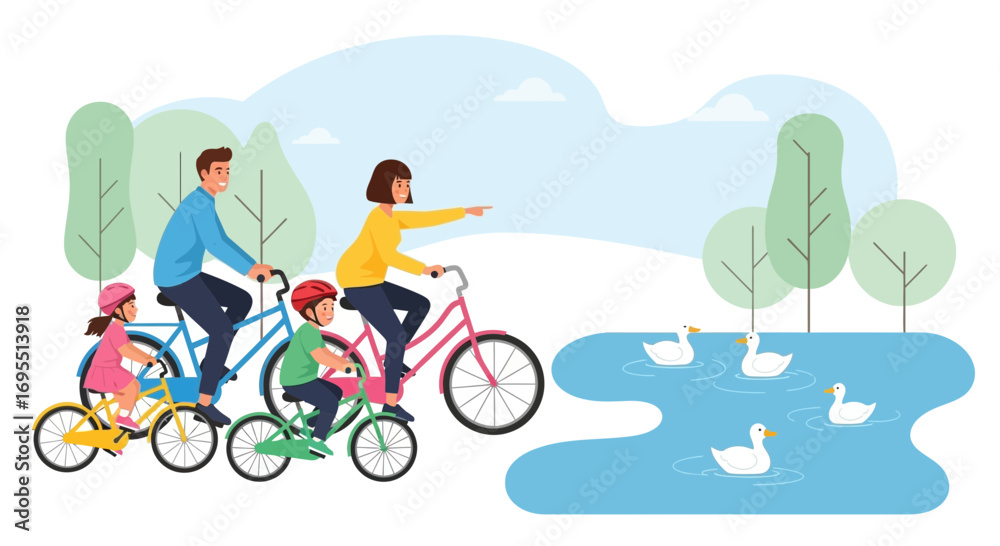Fototapeta premium A happy family cycling in the park with ducks in a lake on a sunny day