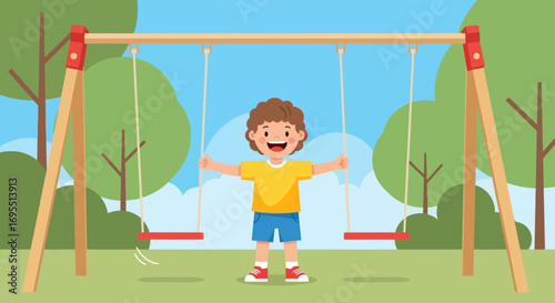 A happy child ready to play on a swing set in a vibrant and sunny park