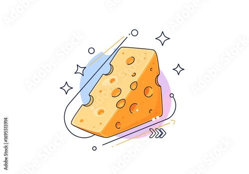 Artistic rendition of a delicious wedge of swiss cheese with abstract shapes and sparkles