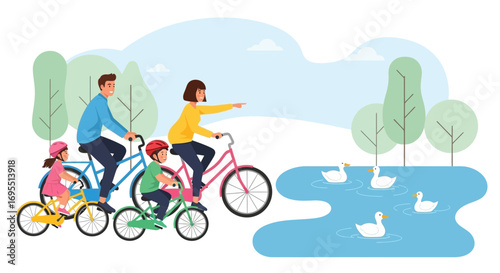 A happy family cycling in the park with ducks in a lake on a sunny day