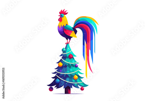Vibrant rooster perched atop a decorated christmas tree a symbol of festive joy and new beginnings