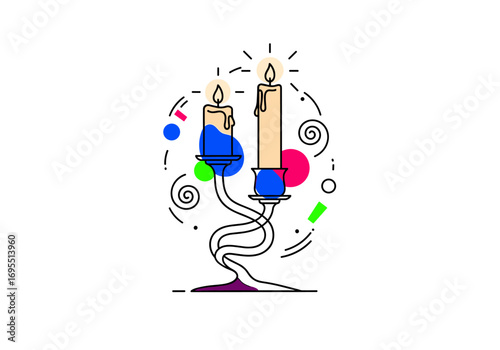Creative illustration of two lit candles in an ornate holder with abstract decorative elements suggesting celebration and festivity