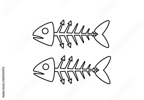 Two identical simple line art drawings of fish skeletons with open mouths and jagged fins