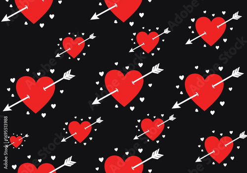 A romantic pattern featuring red hearts pierced by white arrows amidst tiny white hearts on a black background