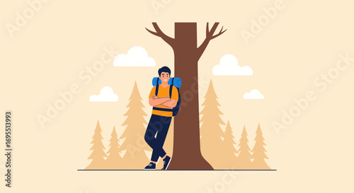 A happy hiker leaning against a tree in the middle of nature enjoying the moment