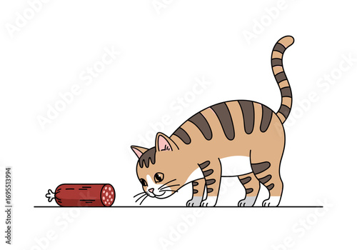 Curious feline investigates a sliced salami treat on the floor