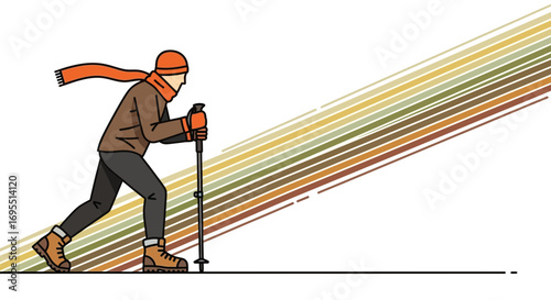 A Hiker Ascending Slope Lines Illustrated With Outdoor Recreation Concept In Abstract Style