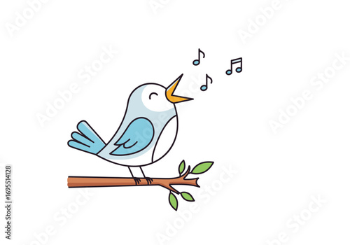 A sweet blue bird sings a joyful melody from its perch on a tree branch surrounded by musical notes floating in the air
