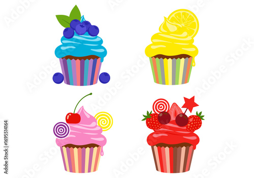 Delightful assortment of four flavorful cupcakes decorated with fresh fruit and candy toppings