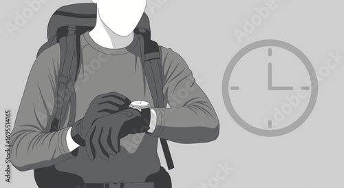 A hiker checks his watch, time to hike, check clock, wear backpack gray background