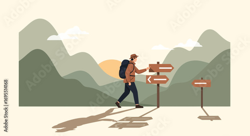 A hiker choosing a direction amid beautiful natural landscape scenery with mountain views