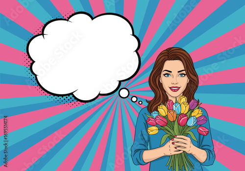 A beautiful young woman holding a vibrant bouquet of tulips with a thought bubble above her