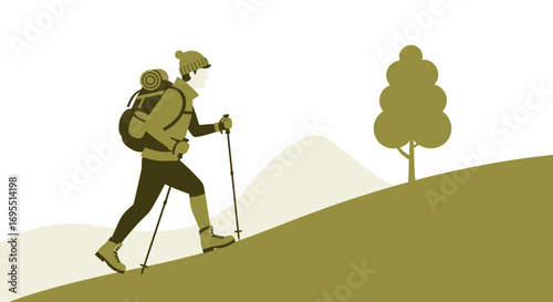 A hiker climbing a hill with trekking poles, vector illustration, adventure