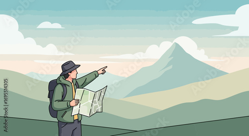 A hiker looking at a map in the mountains, pointing towards a scenic landscape