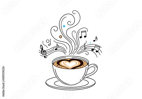 A creative illustration of a coffee cup with heart latte art and music notes rising with steam