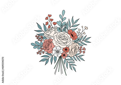 Beautiful hand drawn floral bouquet arrangement with roses and wildflowers for special occasions