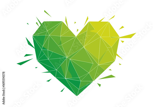 Geometric heart shape design with vibrant green to yellow gradient and abstract splatter effect