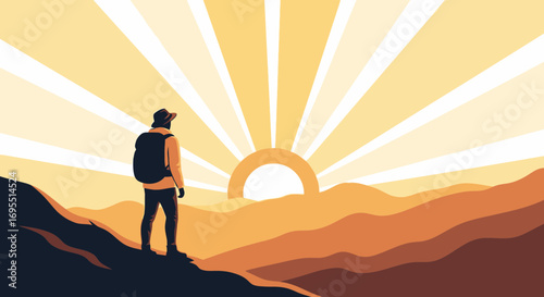 A hiker stands admiring the sunrise over mountain range during a hiking adventure