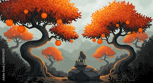 Vector SVG Illustration with Orange Trees and Figure Flat Design