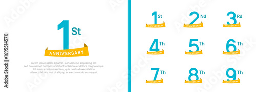 set of anniversary logo style yellow ribbon. vector design blue color for celebration