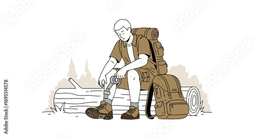 A Hiker Takes a Rest While Adjusting Prosthetic Leg in the Wilderness Setting