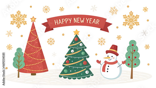 Happy new year christmas trees snowman snowflakes holiday season winter wonderland celebration illustration