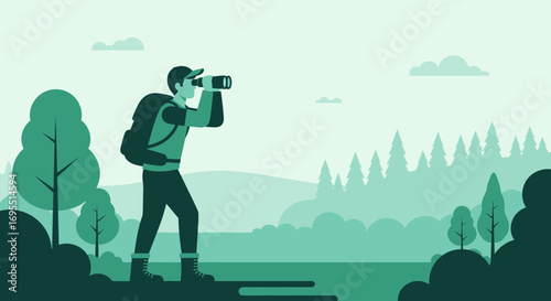A Hiker Using Binoculars, Observing Nature and Discovering New Horizons: Outdoor Explorations