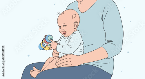 A Joyful Baby Playing Toy Sitting In Parent's Lap, Happy Moment For Childhood