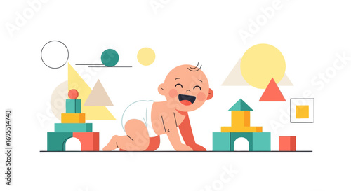 A joyful baby playing with wooden blocks with a happy expression on its face