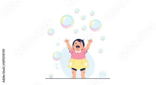 A joyful baby playing with bubbles, a cute childhood illustration, vector art