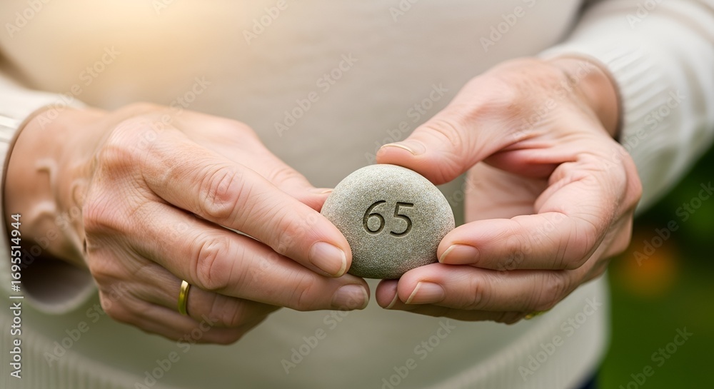 Fototapeta premium Hands Protectively Holding Stone with Number 65 - Retirement Age Concept
