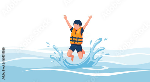 A joyful child jumping in water wearing a life jacket with water splash illustration