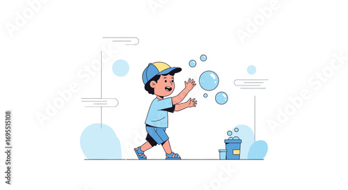 A joyful illustration of a kid having fun playing with bubbles and smiling happily