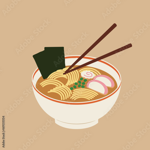 A detailed illustration of a bowl of ramen with chopsticks, seaweed, and toppings.