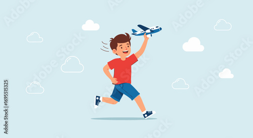 A joyful young boy running and playing with a toy airplane during a sunny day in the sky