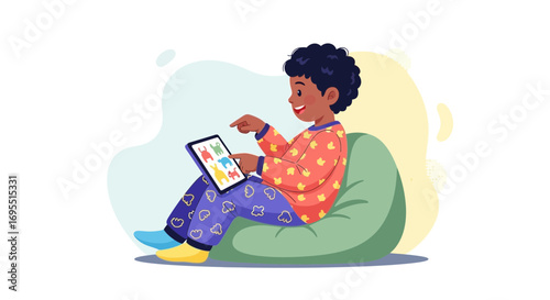 A joyful young boy using a tablet while sitting on a beanbag in a colorful illustration