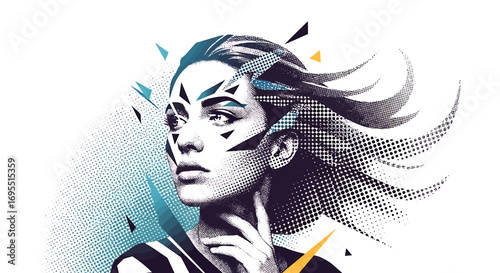 Vector SVG Illustration of a Woman with Geometric Makeup and Dotted Effect in Blue Purple and Yellow