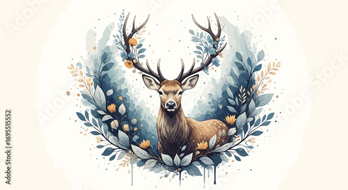 Illustration Vector SVG Design with Deer Flowers and Leaves in Decorative Style