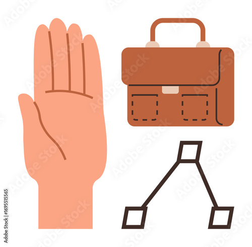Open hand for teamwork, brown briefcase for professional work, organizational chart for structure. Ideal for collaboration, workplace, career growth, communication, hierarchy, leadership simple flat