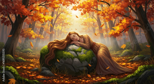 Illustration Vector SVG of Sleeping Woman on Rock in Autumn Forest with Red and Yellow Leaves Decorative Style