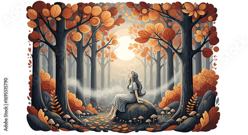 Illustration Autumn Forest Vector SVG Design with Woman Figure Sitting and Orange Leaf Trees in Natural Style