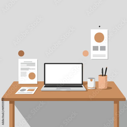 A detailed illustration of a workspace featuring a laptop, documents, and office supplies on a wooden desk.