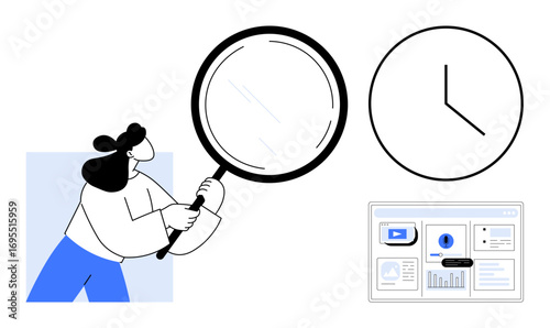 Female character holding a magnifying glass, clock symbolizing time analysis, and a data monitor underline analysis, focus, and productivity. Ideal for time management, business, research